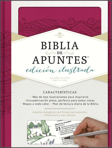 ** Portada de la Biblia de Apuntes, Edición Ilustrada, con diseño en tonos burdeos y detalles de ilustraciones y mapas.