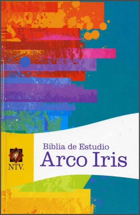 Biblia de Estudio Arco Iris". La portada tiene colores vibrantes en un diseño abstracto con tonos rojos, naranjas, morados, azules y verdes, con el título claramente visible.