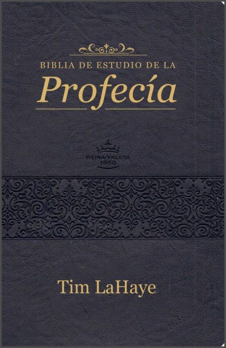 Biblia de Estudio de la Profecía" de Tim LaHaye con fondo negro y letras doradas.