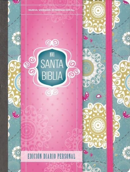 ** Portada de la Biblia edición diario personal con diseño floral en colores rosa, azul y amarillo.