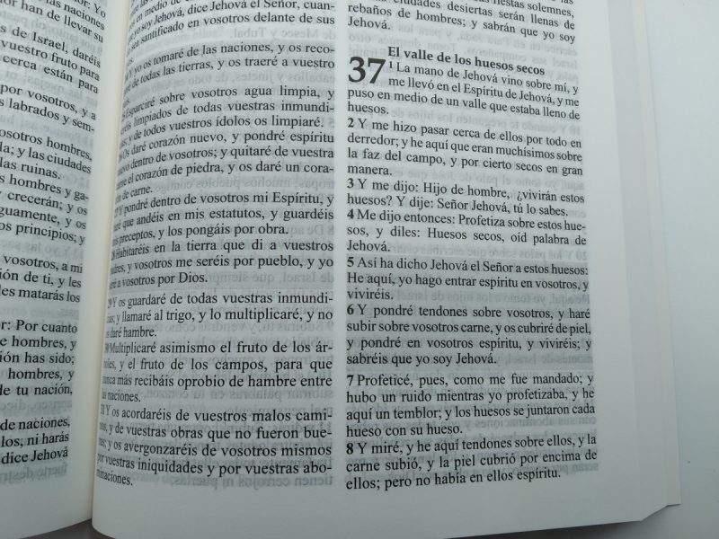 ** Página abierta de un libro con texto en español, destacando el pasaje sobre "El valle de los huesos secos" en un contexto espiritual.