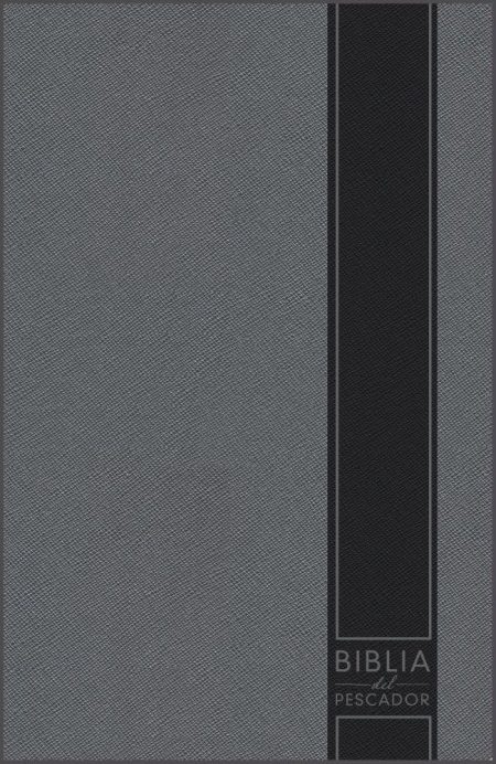 ** Portada gris oscuro de la Biblia del Pescador con una franja negra vertical y letras blancas.