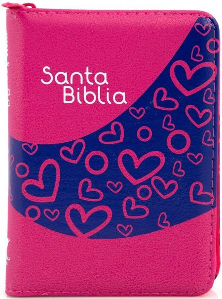  Cubierta de una Biblia rosada con motivos de corazones en azul y rosa.