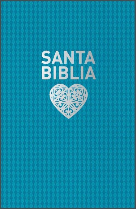 ** Portada azul de la Santa Biblia con un diseño de corazón blanco decorativo en el centro.