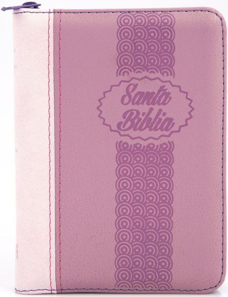 ** Portada de una Biblia en tono rosa claro y oscuro con diseño decorativo.