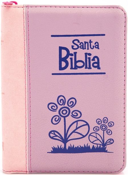 ** "Portada de una Biblia color rosa con la inscripción 'Santa Biblia' y un diseño de flores en azul."