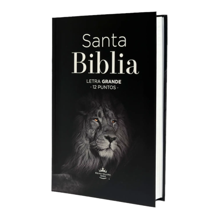 ** Portada de la Santa Biblia con diseño de león y texto en letra grande.