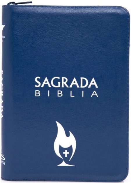 ** Biblia con cubierta azul y texto "Sagrada Biblia".