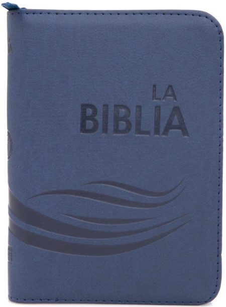 ** Biblia con tapa azul y diseño de olas, con cierre en el borde.