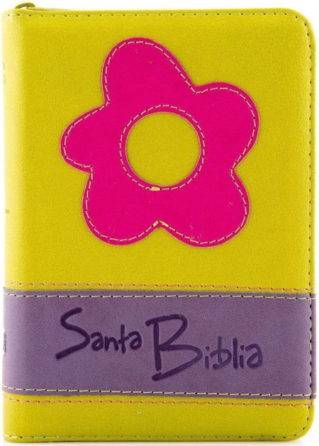 ** Biblia con cubierta amarilla y diseño de flor rosa sobre una banda morada.