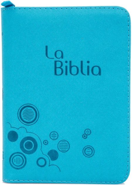 ** Cubierta de una Biblia en color azul con un diseño moderno de círculos.