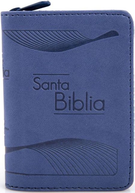 ** Imagen de la portada de una Biblia compacta azul con diseño minimalista de hojas en relieve.