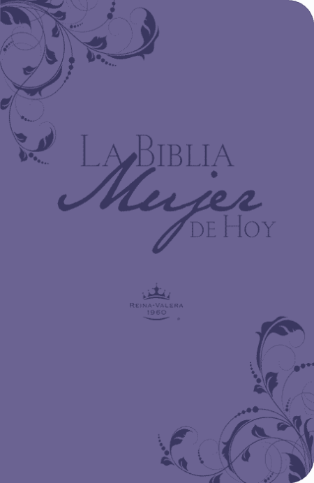 ** Portada púrpura con detalles florales de "La Biblia Mujer de Hoy".