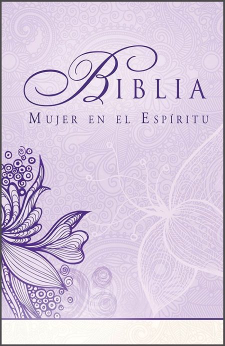 ** Portada de la Biblia titulada "Mujer en el Espíritu" en tonos lavanda con diseño floral.