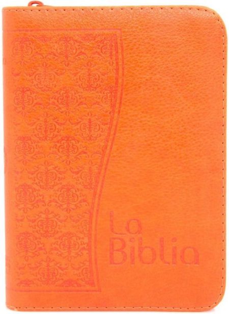 ** Biblia de tapa dura en color naranja con detalles decorativos.