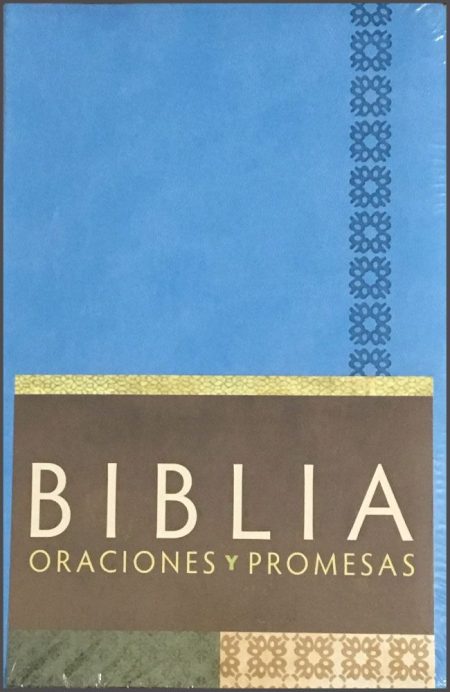 ** Cubierta de la Biblia enfocada en oraciones y promesas, diseño en azul con detalles decorativos.