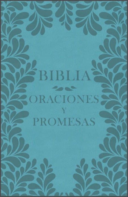 ** Portada en color azul con diseño de hojas decorativas y el texto "Biblia Oraciones y Promesas" en el centro.