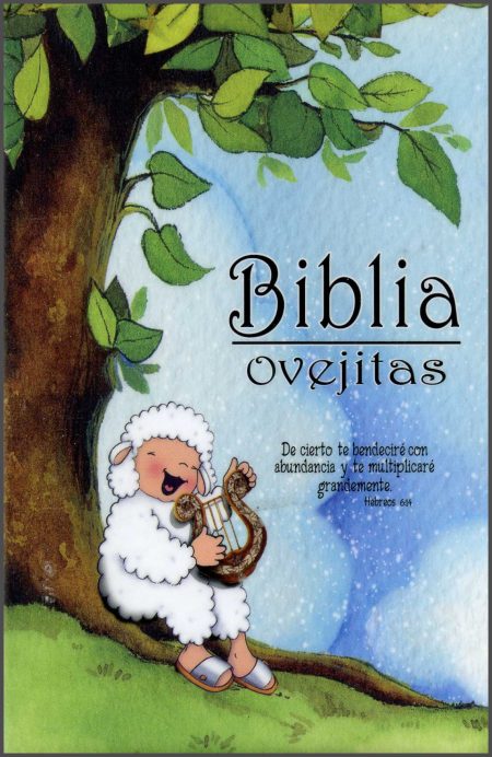 Biblia Ovejitas" con una ovejita tocando un arpa bajo un árbol.