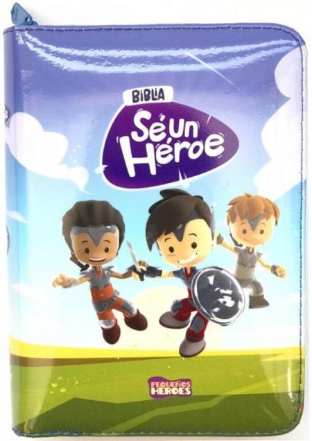  Portada de un libro titulado "Biblia Sé un Héroe" con tres niños animados en poses heroicas.