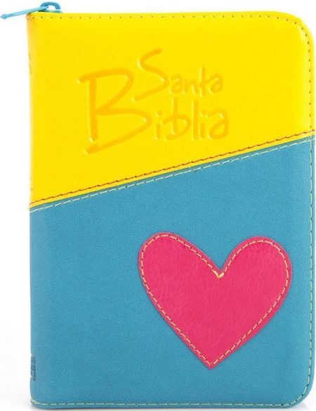 ** Cubierta de una Biblia en amarillo y azul con un corazón rosa en el centro.