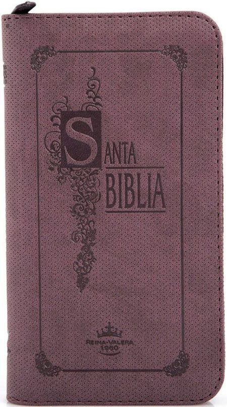 ** Imagen de una Biblia con tapa suave de color morado, con detalles decorativos y el texto "Santa Biblia" en la portada.
