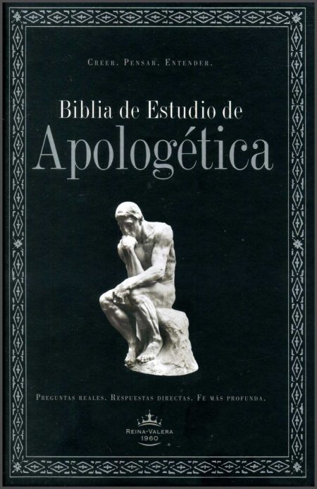 ** Portada de "Biblia de Estudio de Apologética" con una escultura en el centro de un pensador.