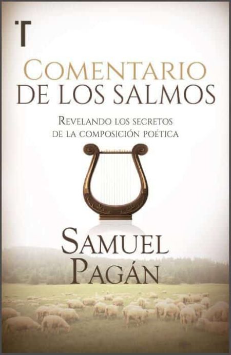 Comentario de los Salmos" de Samuel Pagán, con una lira dorada y un campo con ovejas en la parte inferior.