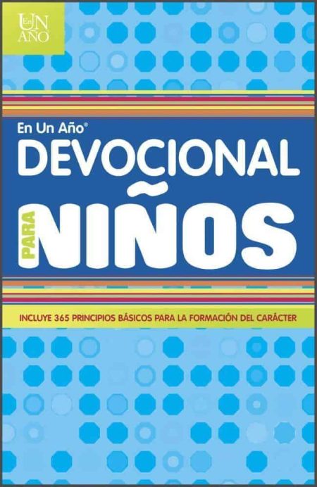 ** Portada del libro titulado "Devocional para Niños" con diseño azul y puntos.