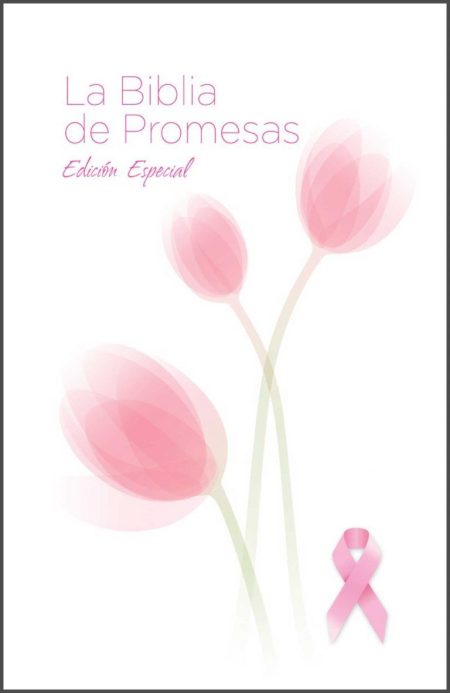 ** Portada de un libro titulado "La Biblia de Promesas" con flores rosadas y un lazo rosa en la esquina inferior.