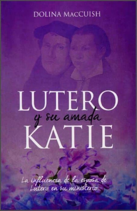 Lutero y su Amada Katie" de Dolina MacCuish. Fondo púrpura con retratos de un hombre y una mujer difuminados.