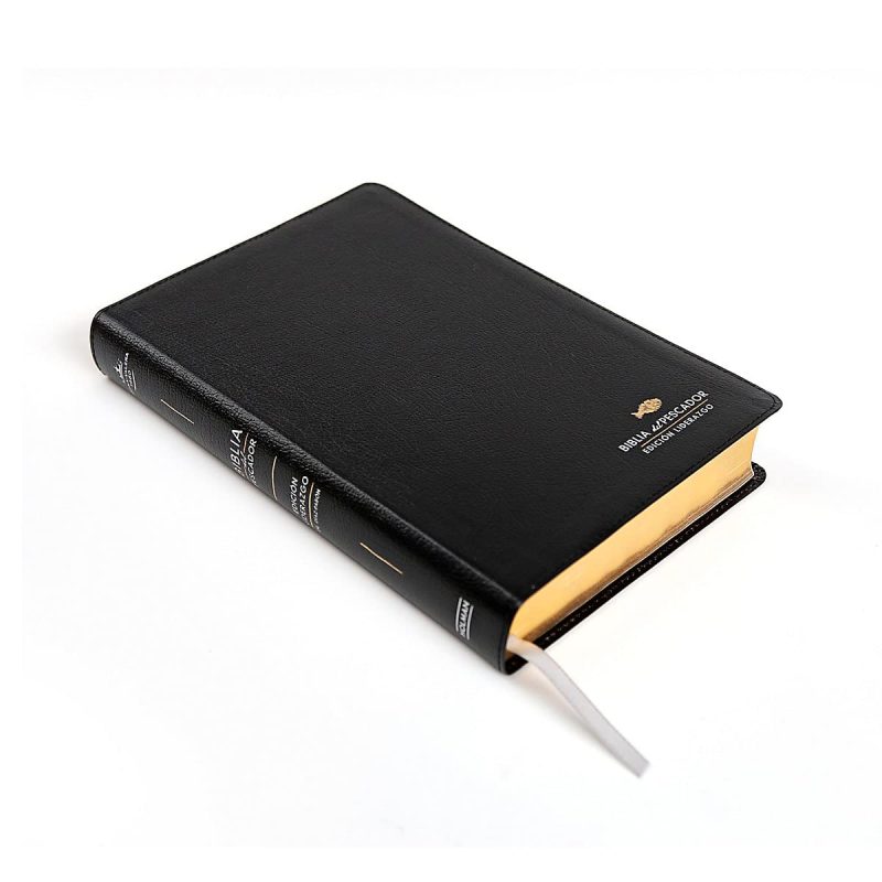 ** Biblia negra cerrada con detalles dorados en la portada y lomo.