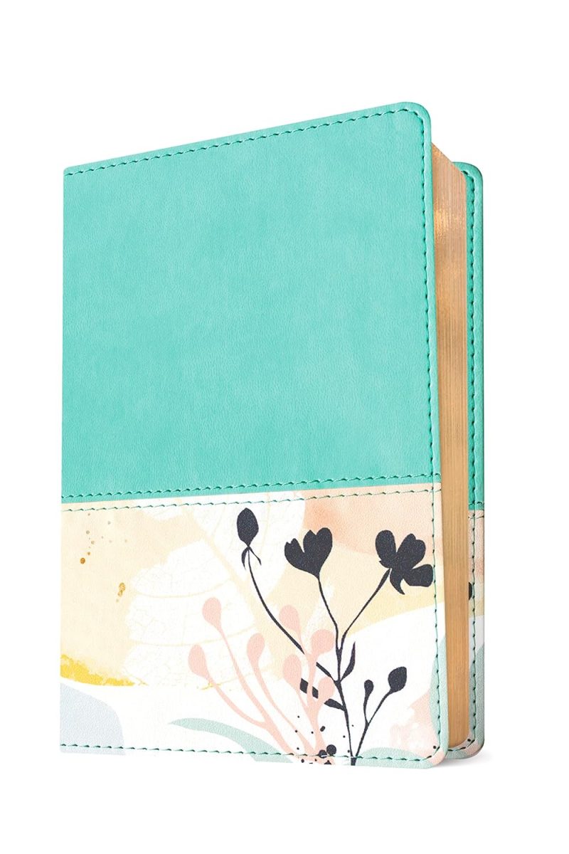 ** Agenda de cuero azul turquesa con un diseño floral en tonos pastel en la parte inferior.