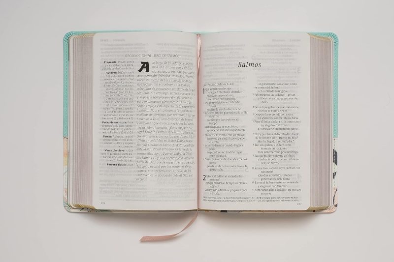 ** Una Biblia abierta en la página de los Salmos con una cinta marcadora rosada sobre un fondo blanco.