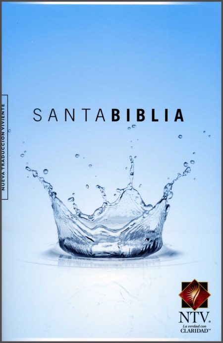 ** Portada de la versión NTV de la Santa Biblia con diseño de salpicadura de agua sobre fondo azul.