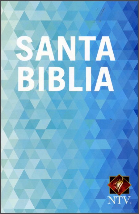 ** Portada de la Santa Biblia con diseño geométrico en tonos azules y logo NTV.