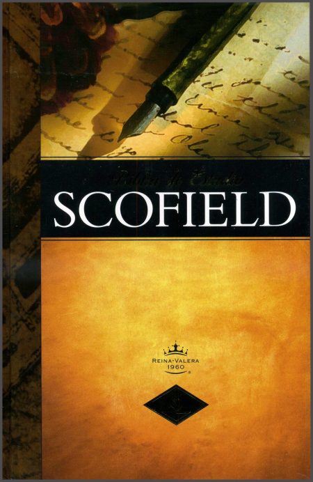** Portada de la Biblia de Estudio Scofield con fondo naranja y pluma sobre papel antiguo.