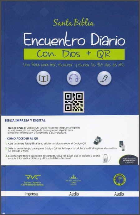  Portada de la Biblia "Encuentro Diario con Dios + QR" con detalles sobre cómo utilizar códigos QR para acceder a contenido adicional.