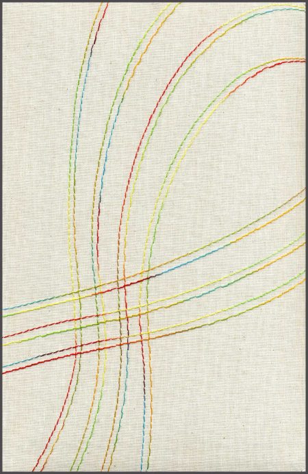 ** Varias líneas curvas de colores entrelazadas sobre un fondo texturizado blanco.