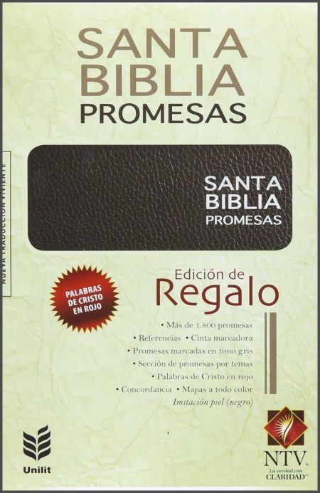 ** Portada de la Biblia de Promesas NTV, Edición de Regalo, con cubierta de piel y detalles sobre contenido destacado.