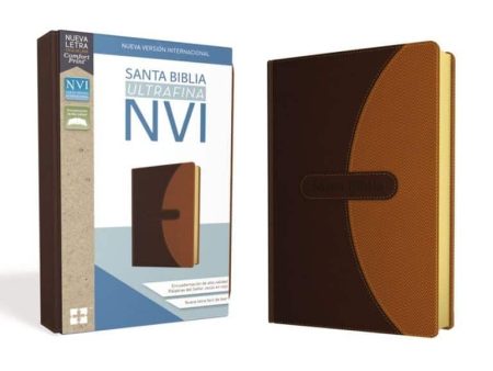 ** Imagen de una Biblia NVI ultradelgada en tonos marrones junto a su caja de presentación.