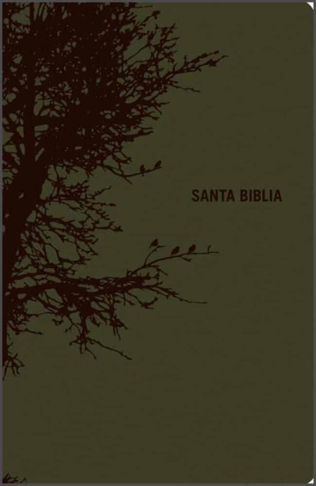 ** Portada de la Santa Biblia con fondo verde oliva y diseño de árbol en sombra negra.