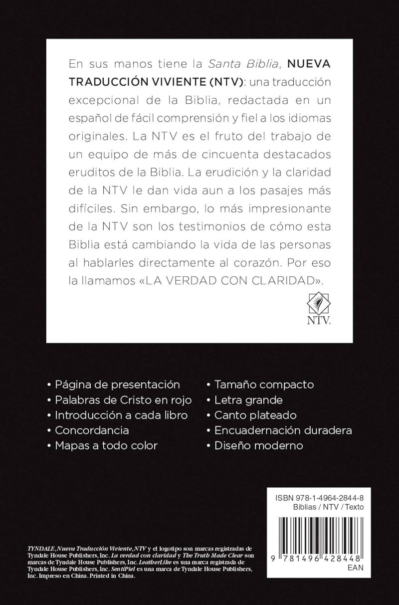 ** Contraportada de la Santa Biblia Nueva Traducción Viviente (NTV) con descripción de sus características y componentes resaltados.