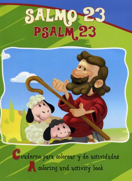 ** Portada de un libro de actividades y colorear titulado "Salmo 23," que muestra a un pastor sonriente acompañado por dos ovejas en un prado verde bajo un cielo azul.