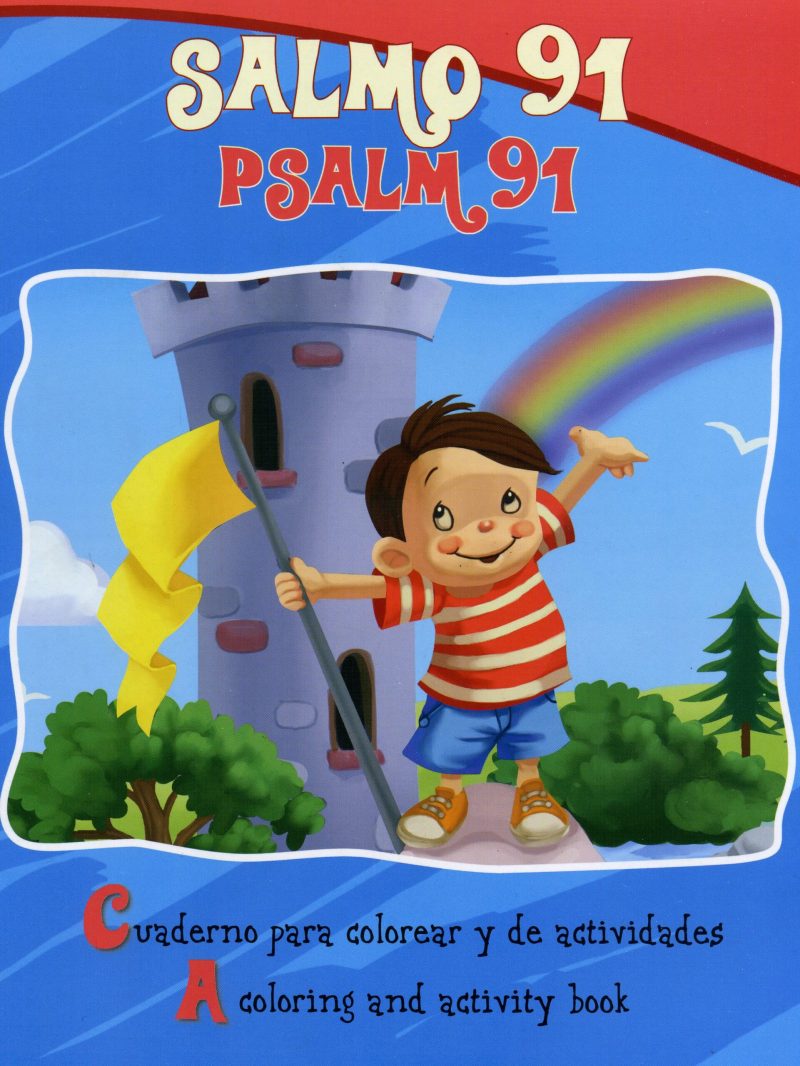 ** Portada de un libro de actividades titulado "Salmo 91" con dibujos de un niño sosteniendo una bandera amarilla frente a una torre y arcoíris.