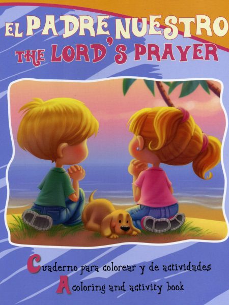 ** Portada de un cuaderno de colorear titulado "El Padre Nuestro / The Lord's Prayer", con dos niños sentados en un campo junto a un perro.