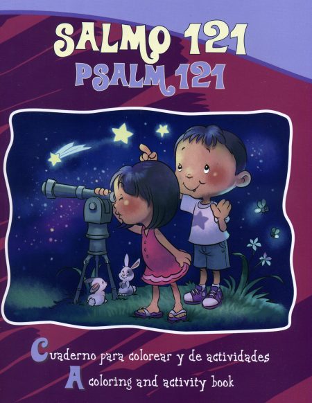 ** Dos niños observando las estrellas con un telescopio, rodeados de naturaleza, en la portada de un cuaderno de colorear sobre el Salmo 121.