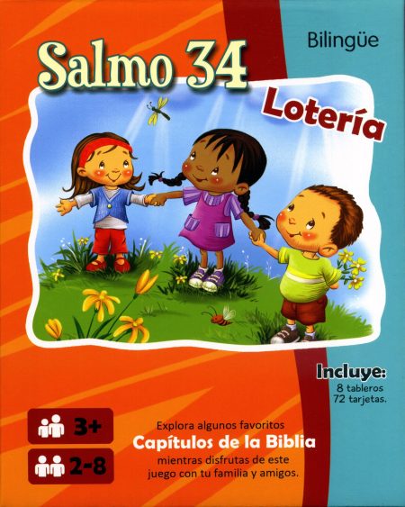 ** Caja de un juego de lotería bilingüe titulado "Salmo 34", con ilustraciones de niños jugando al aire libre.