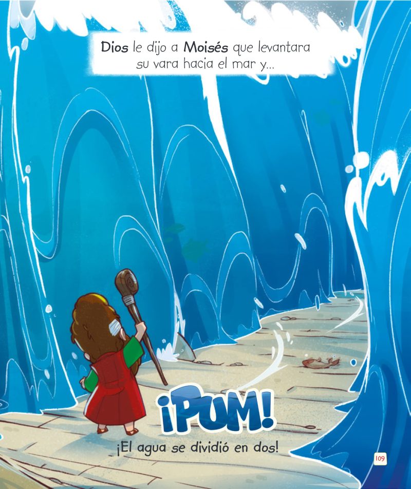 ** Ilustración de Moisés levantando su vara mientras el mar se divide en dos.