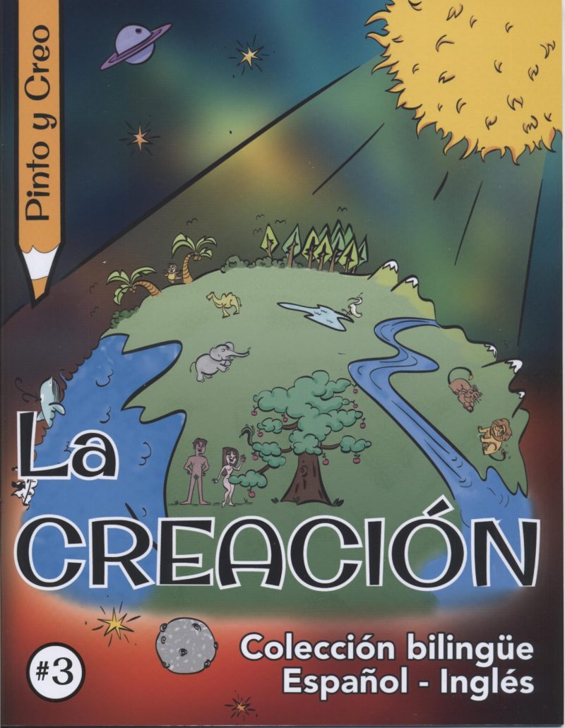 La Creación" de la colección bilingüe español-inglés, mostrando una ilustración del planeta Tierra con diversos elementos de la naturaleza y el espacio.