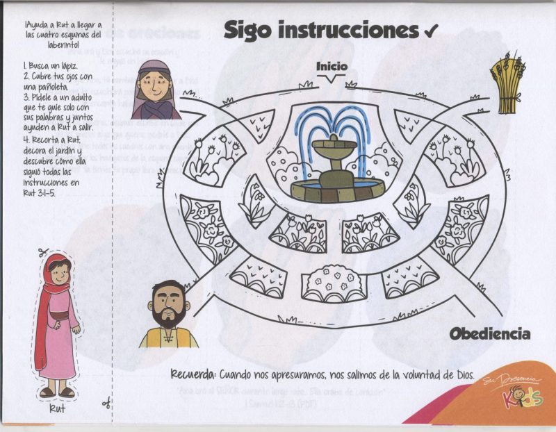 ** Imagen de un laberinto bíblico con personajes y referencias a la historia de Rut, incluye instrucciones y elementos simbólicos.
